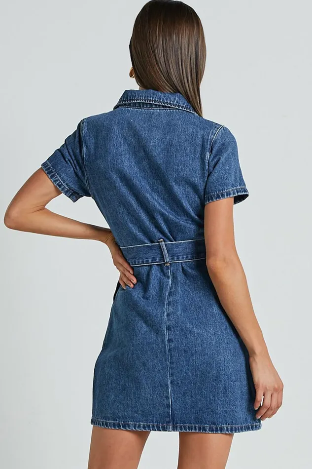 Nandini Mini Dress 8211 Zip Through Denim Dress In Blue Women Showpo Curve Clothes