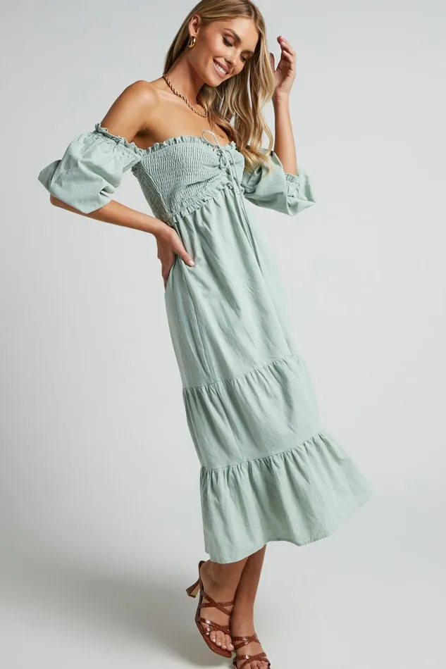 Nikka Midi Dress 8211 Shirred Off Shoulder Puff Sleeve Dress In Sage Women Showpo Curve Clothes Nikka Midi Dress 8211 Shirred Off Shoulder Puff Sleeve Dress In Sage Women Showpo Curve Clothes