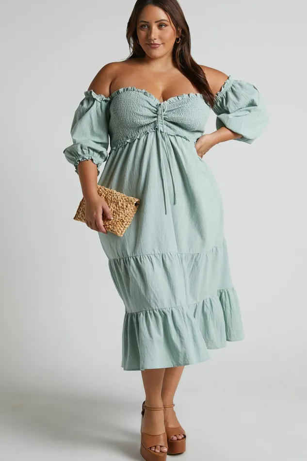 Nikka Midi Dress 8211 Shirred Off Shoulder Puff Sleeve Dress In Sage Women Showpo Curve Clothes