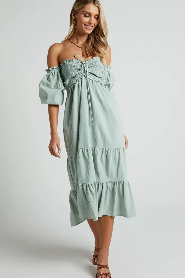 Nikka Midi Dress 8211 Shirred Off Shoulder Puff Sleeve Dress In Sage Women Showpo Curve Clothes