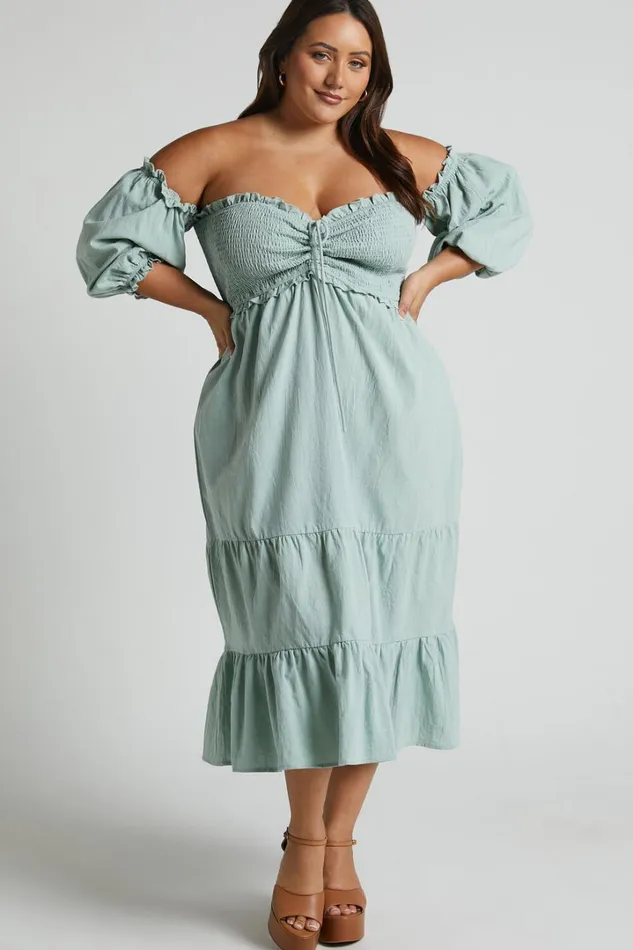 Nikka Midi Dress 8211 Shirred Off Shoulder Puff Sleeve Dress In Sage Women Showpo Curve Clothes