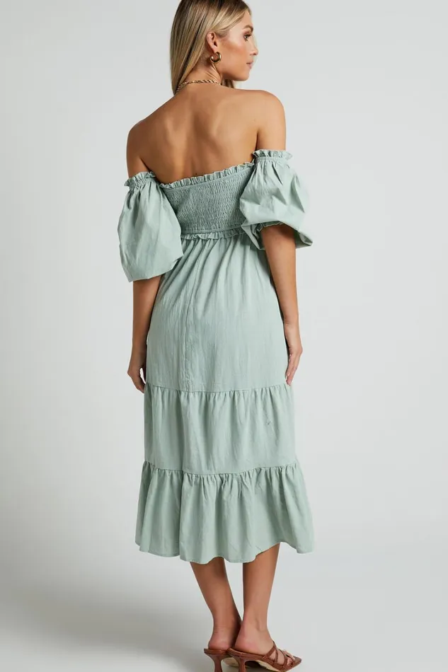 Nikka Midi Dress 8211 Shirred Off Shoulder Puff Sleeve Dress In Sage Women Showpo Curve Clothes