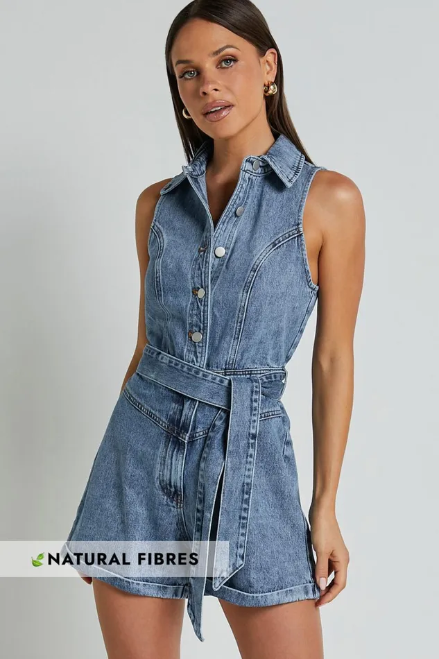 Nilsen Playsuit 8211 Button Through Tie Waist Denim Playsuit In Mid Blue Wash Women Showpo Rompers Nilsen Playsuit 8211 Button Through Tie Waist Denim Playsuit In Mid Blue Wash Women Showpo Rompers