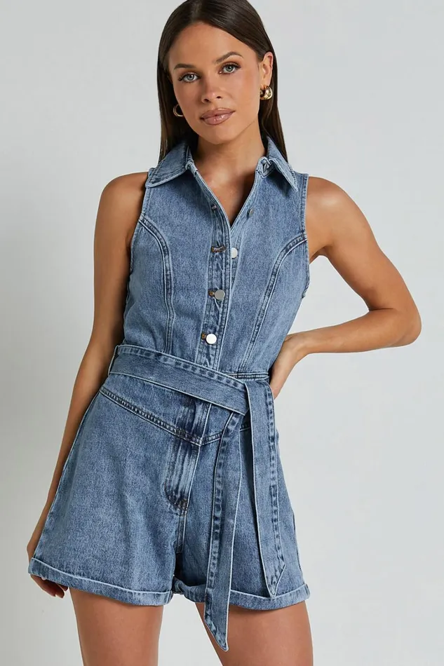 Nilsen Playsuit 8211 Button Through Tie Waist Denim Playsuit In Mid Blue Wash Women Showpo Rompers