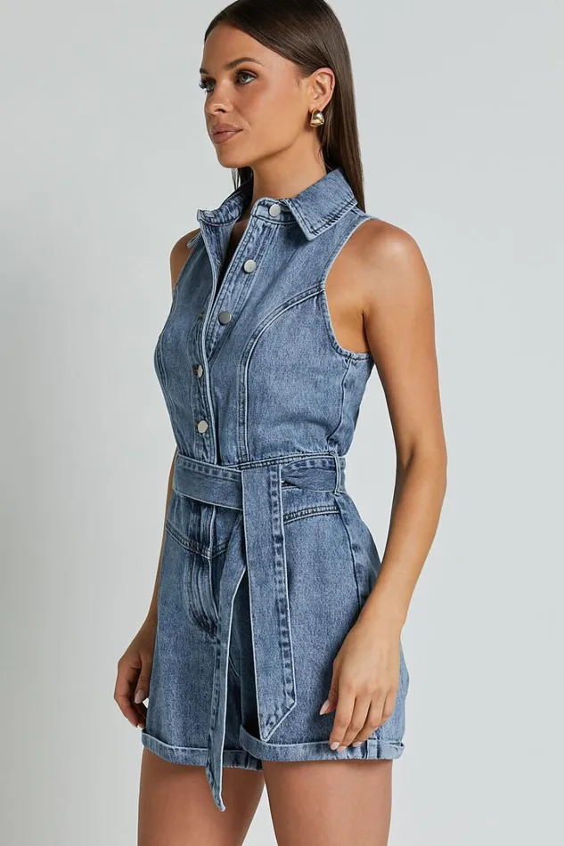 Nilsen Playsuit 8211 Button Through Tie Waist Denim Playsuit In Mid Blue Wash Women Showpo Rompers