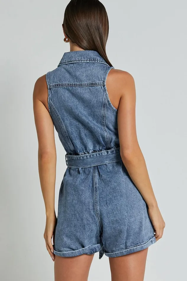 Nilsen Playsuit 8211 Button Through Tie Waist Denim Playsuit In Mid Blue Wash Women Showpo Rompers