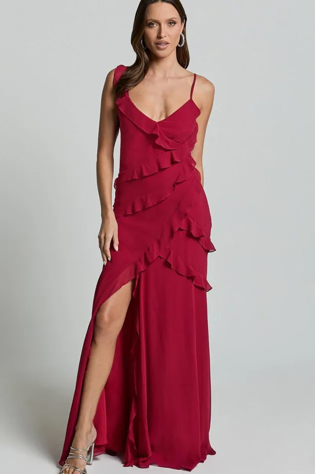 Nitha Maxi Dress 8211 Asymmetrical Frill Thigh Split Dress In Berry Women Showpo Dresses Nitha Maxi Dress 8211 Asymmetrical Frill Thigh Split Dress In Berry Women Showpo Dresses