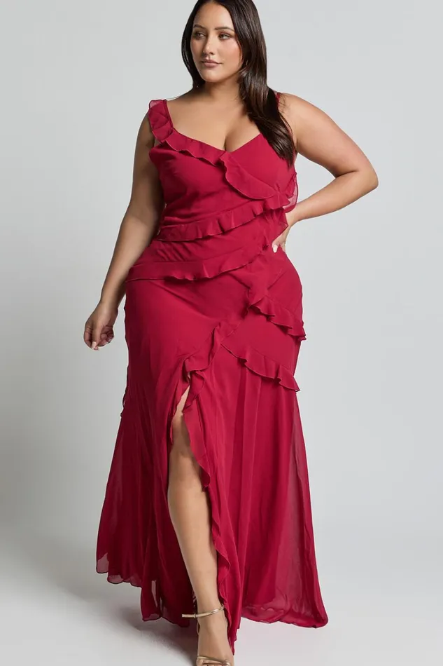 Nitha Maxi Dress 8211 Asymmetrical Frill Thigh Split Dress In Berry Women Showpo Dresses