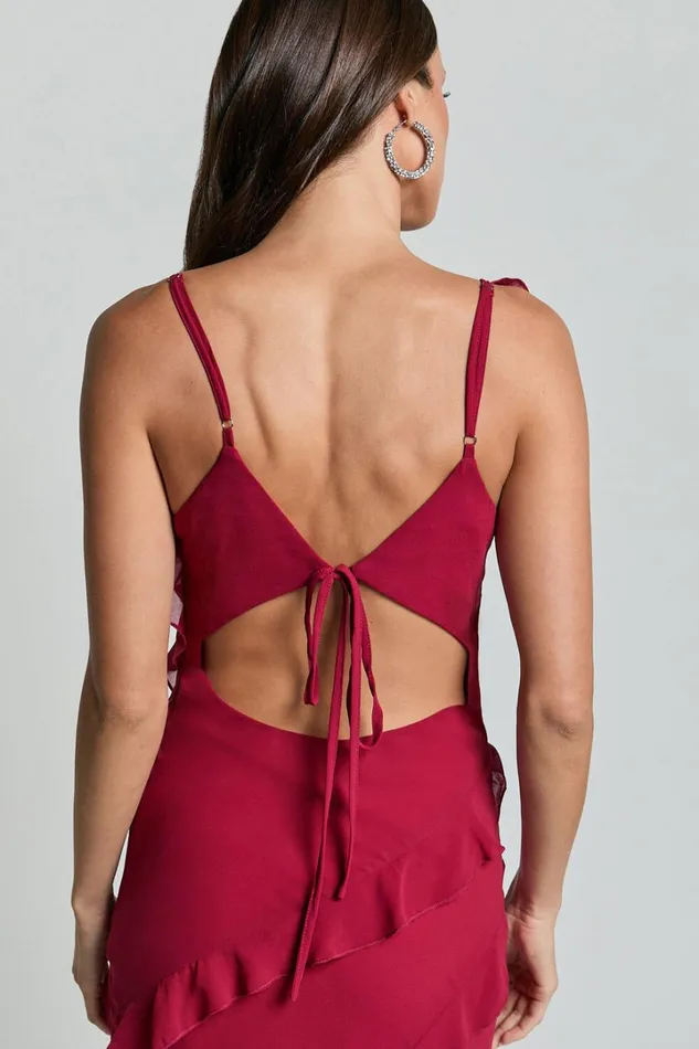 Nitha Maxi Dress 8211 Asymmetrical Frill Thigh Split Dress In Berry Women Showpo Dresses
