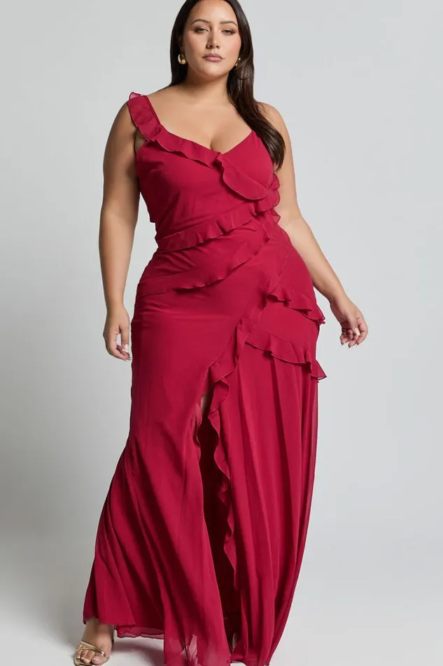 Nitha Maxi Dress 8211 Asymmetrical Frill Thigh Split Dress In Berry Women Showpo Dresses