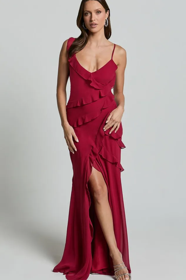 Nitha Maxi Dress 8211 Asymmetrical Frill Thigh Split Dress In Berry Women Showpo Dresses
