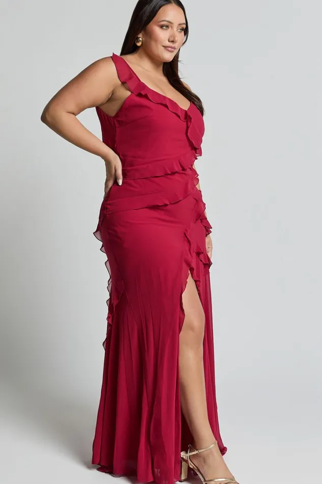Nitha Maxi Dress 8211 Asymmetrical Frill Thigh Split Dress In Berry Women Showpo Dresses