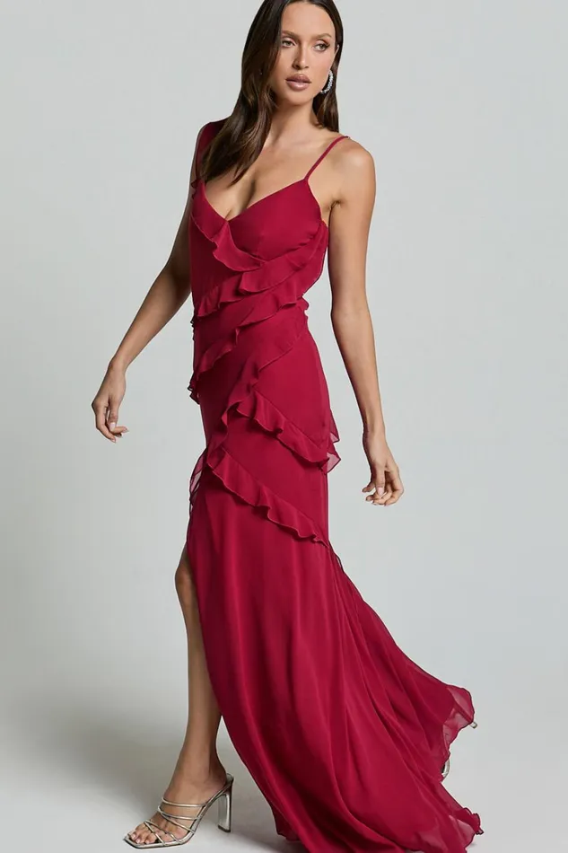 Nitha Maxi Dress 8211 Asymmetrical Frill Thigh Split Dress In Berry Women Showpo Dresses