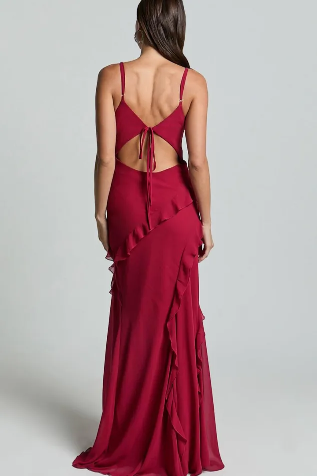 Nitha Maxi Dress 8211 Asymmetrical Frill Thigh Split Dress In Berry Women Showpo Dresses