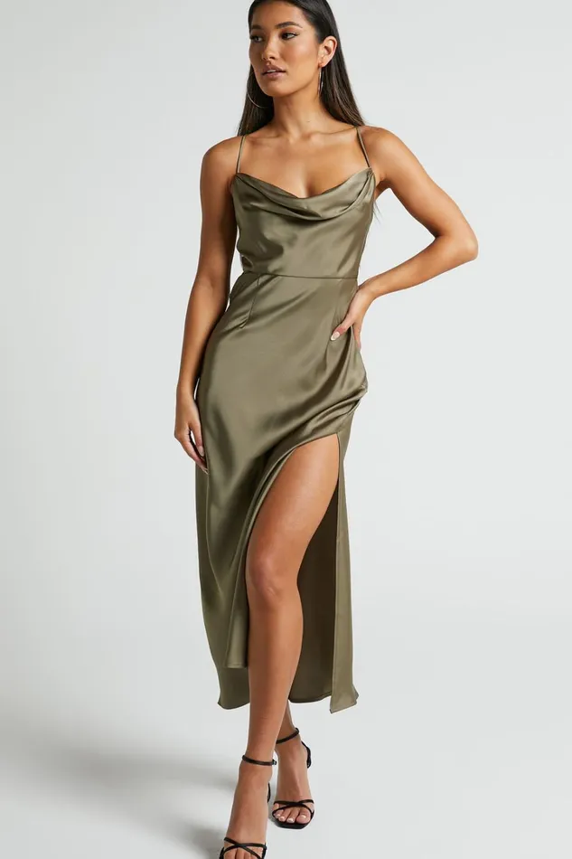 Nylah Cowl Neck Double Strap Satin Slip Midi Dress In Dark Olive Women Showpo Dresses