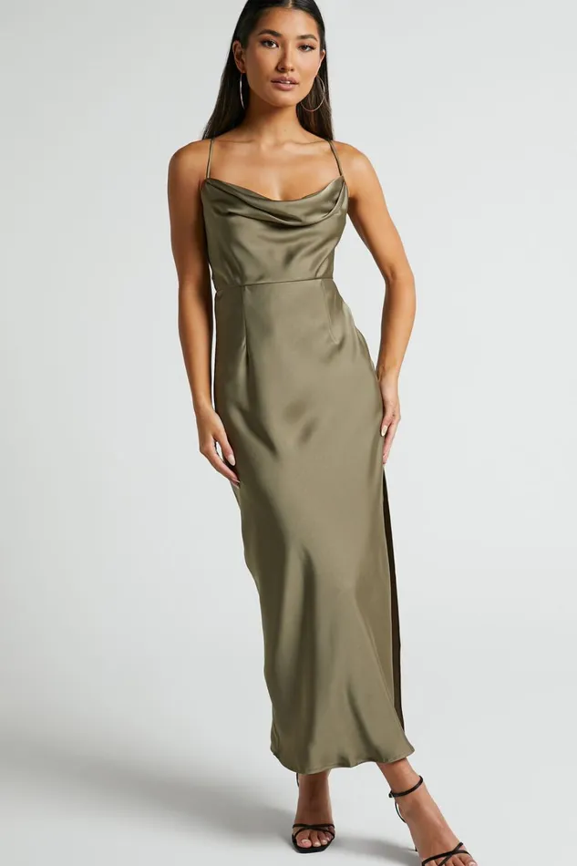 Nylah Cowl Neck Double Strap Satin Slip Midi Dress In Dark Olive Women Showpo Dresses