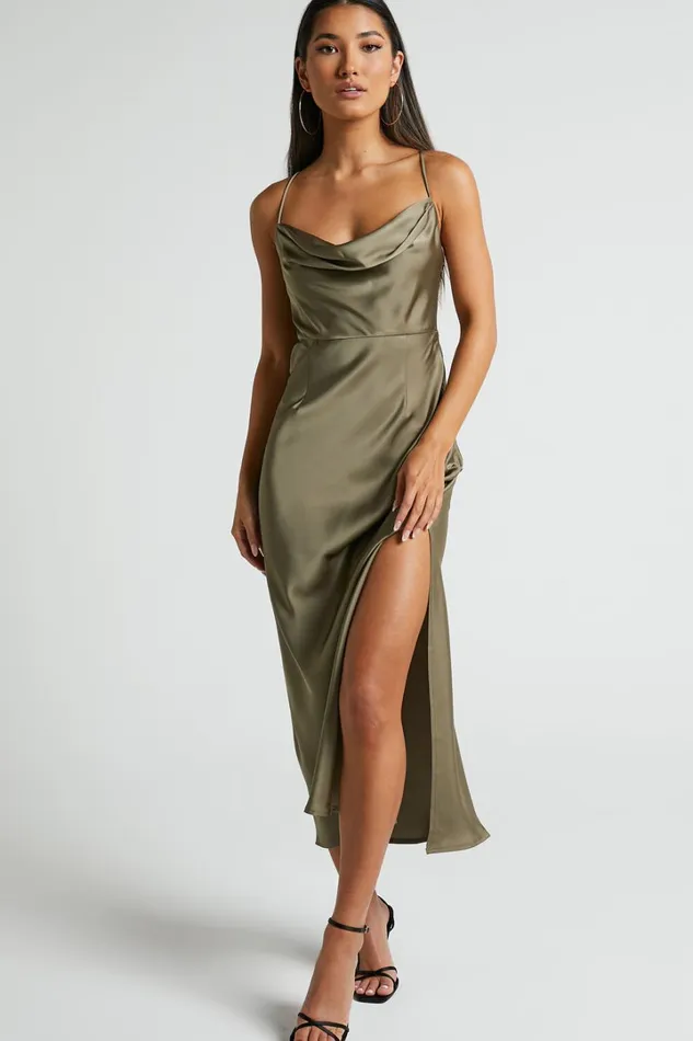 Nylah Cowl Neck Double Strap Satin Slip Midi Dress In Dark Olive Women Showpo Dresses