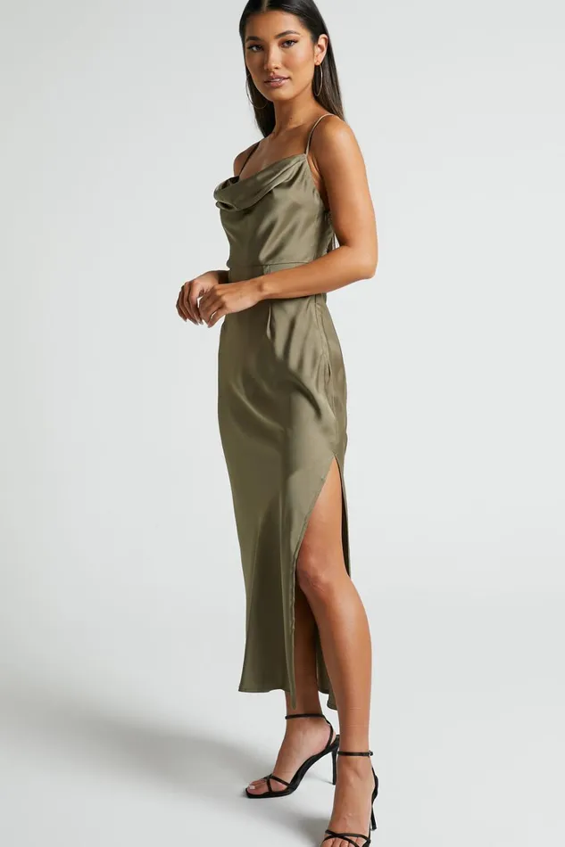 Nylah Cowl Neck Double Strap Satin Slip Midi Dress In Dark Olive Women Showpo Dresses