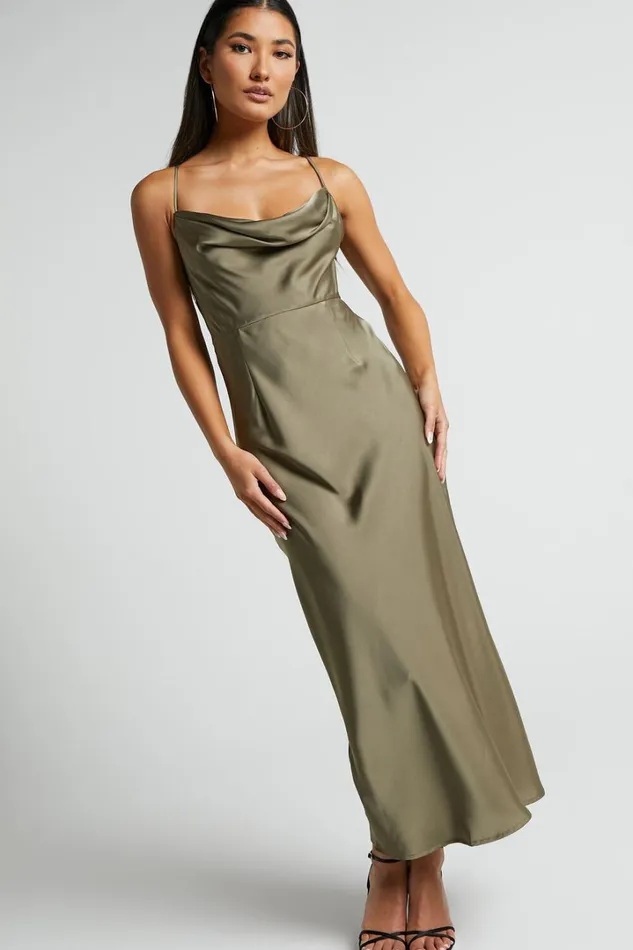 Nylah Cowl Neck Double Strap Satin Slip Midi Dress In Dark Olive Women Showpo Dresses