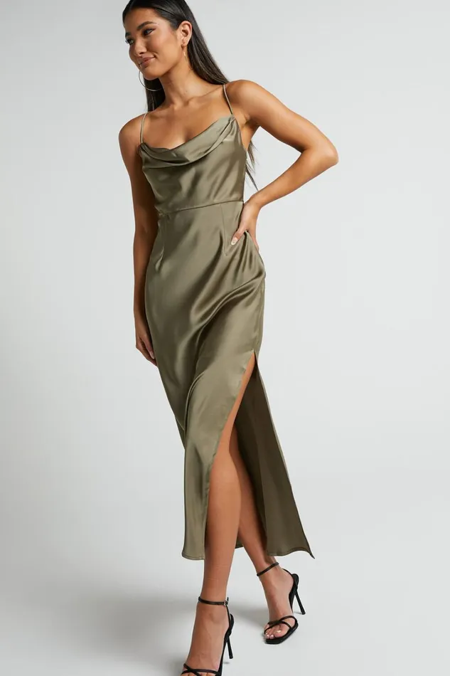 Nylah Cowl Neck Double Strap Satin Slip Midi Dress In Dark Olive Women Showpo Dresses