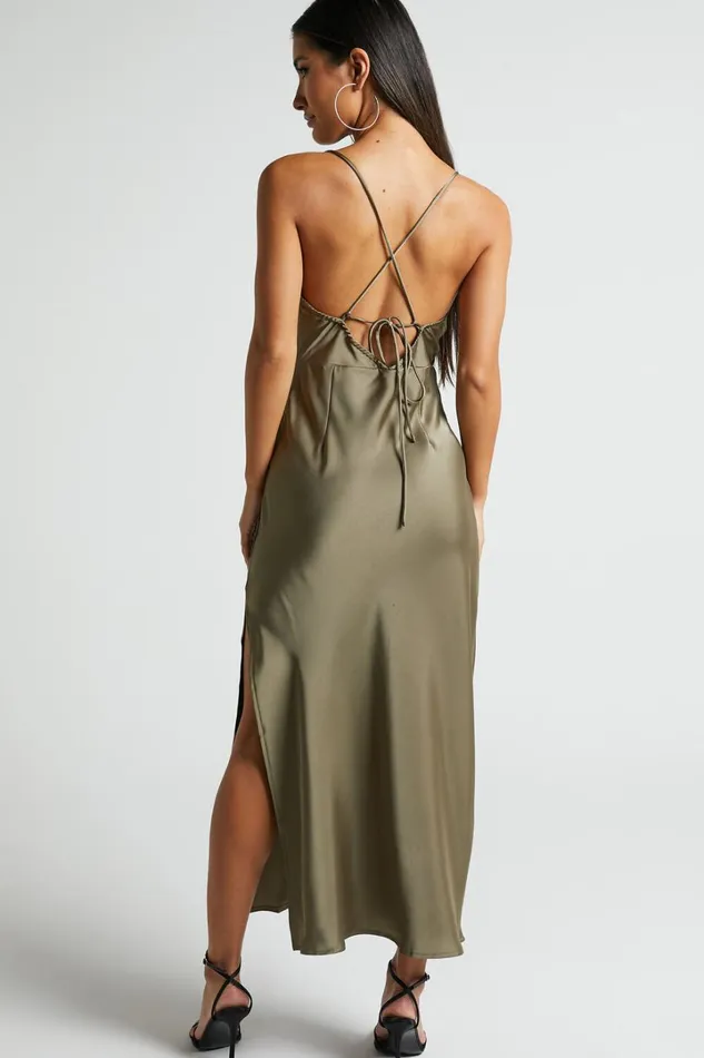Nylah Cowl Neck Double Strap Satin Slip Midi Dress In Dark Olive Women Showpo Dresses