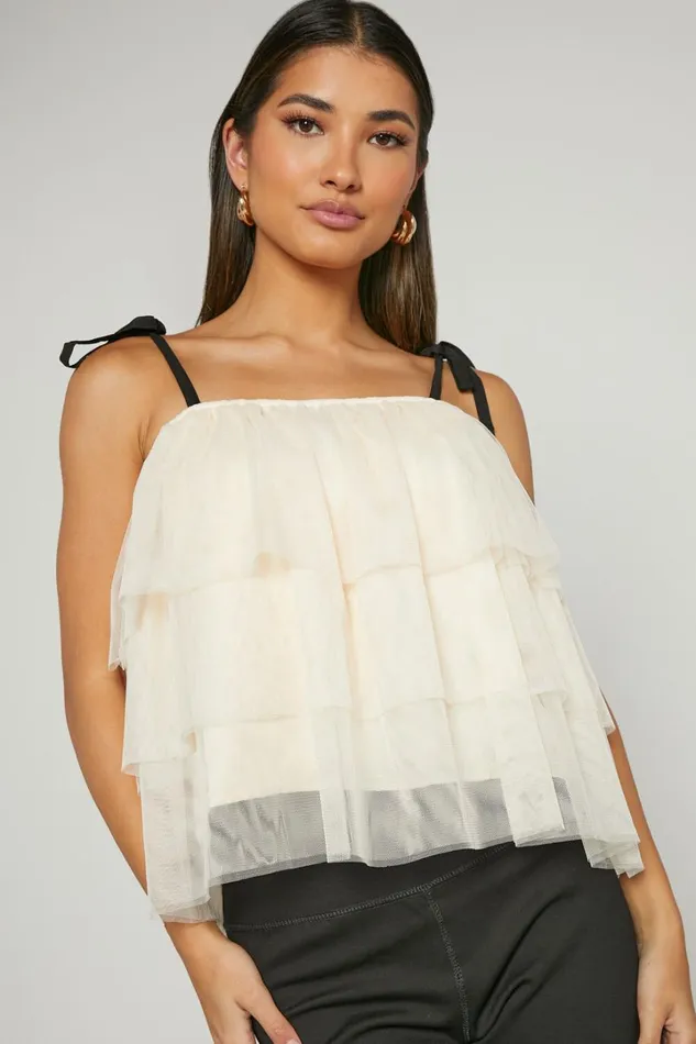 Ollea Top 8211 Tiered Tie Strap Top In Cream Women Showpo Tops