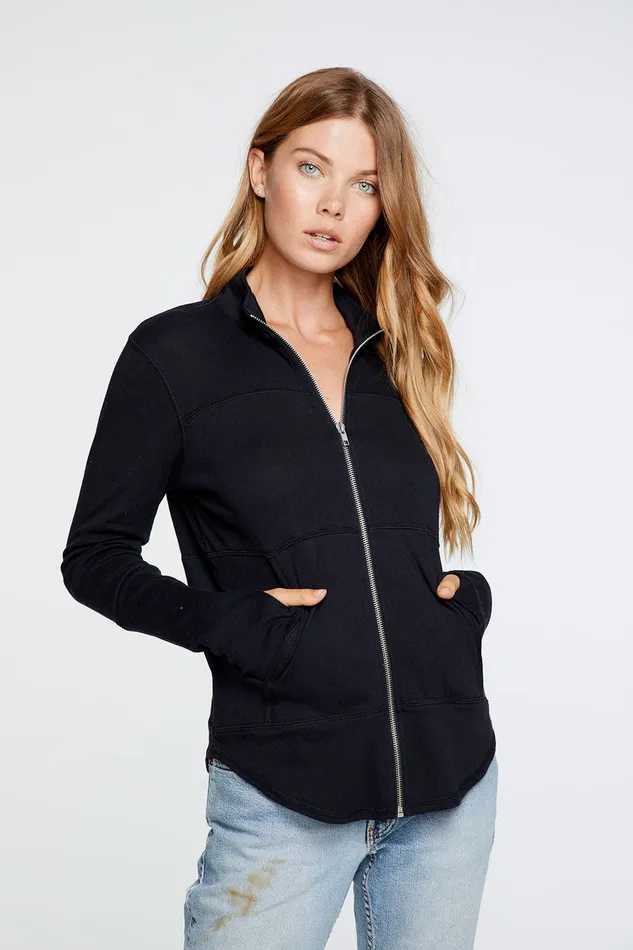Outerwear Womens Chaser Brand Baby Rib Mock Neck Long Sleeve Thumbhole Jacket in True Black