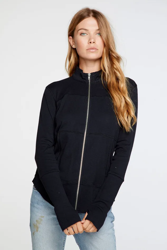 Outerwear Womens Chaser Brand Baby Rib Mock Neck Long Sleeve Thumbhole Jacket in True Black