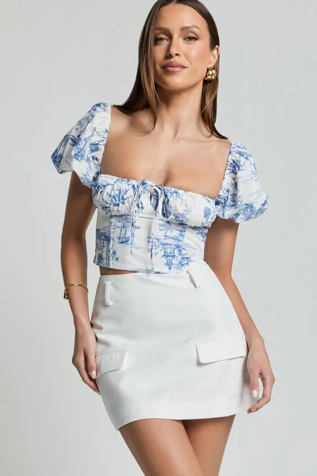Owen Top 8211 Puff Sleeve Tie Front Corset Detail Top In Toile De Jouy Women Showpo Tops Owen Top 8211 Puff Sleeve Tie Front Corset Detail Top In Toile De Jouy Women Showpo Tops