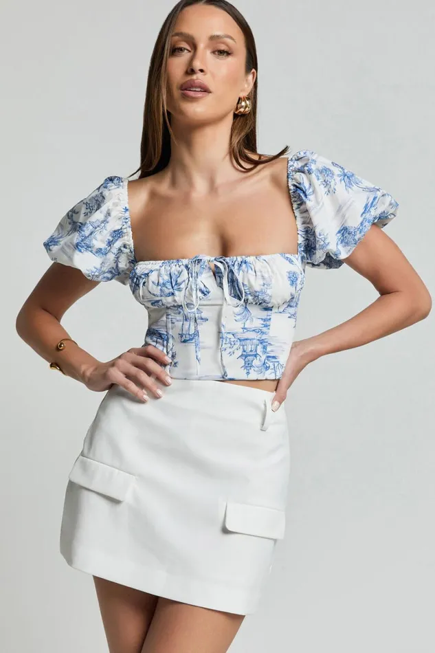 Owen Top 8211 Puff Sleeve Tie Front Corset Detail Top In Toile De Jouy Women Showpo Tops