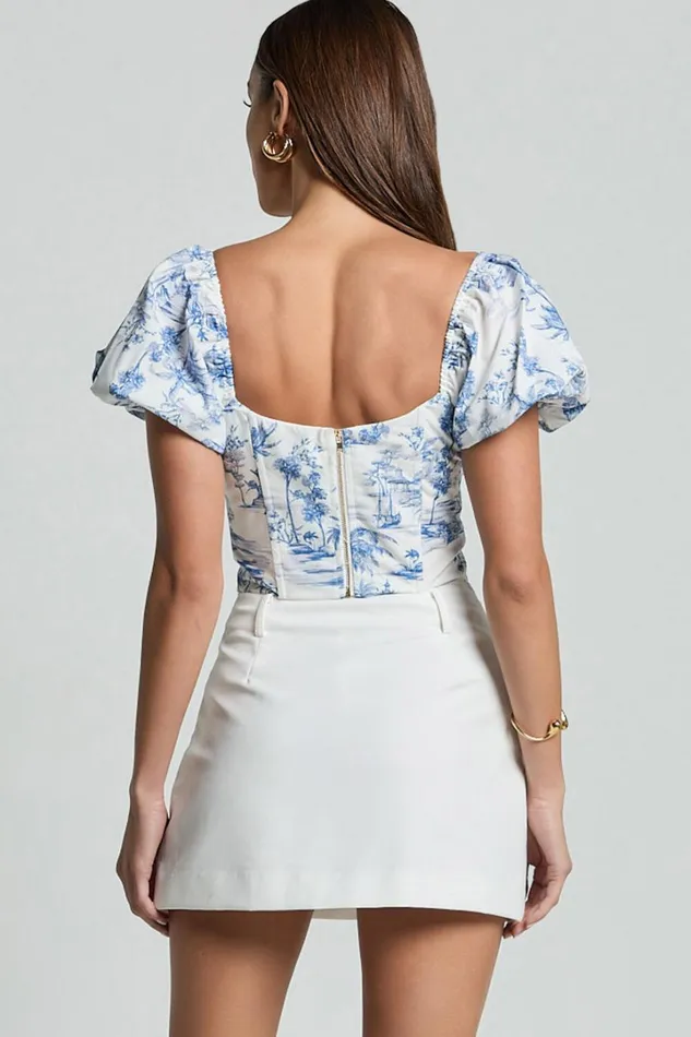 Owen Top 8211 Puff Sleeve Tie Front Corset Detail Top In Toile De Jouy Women Showpo Tops