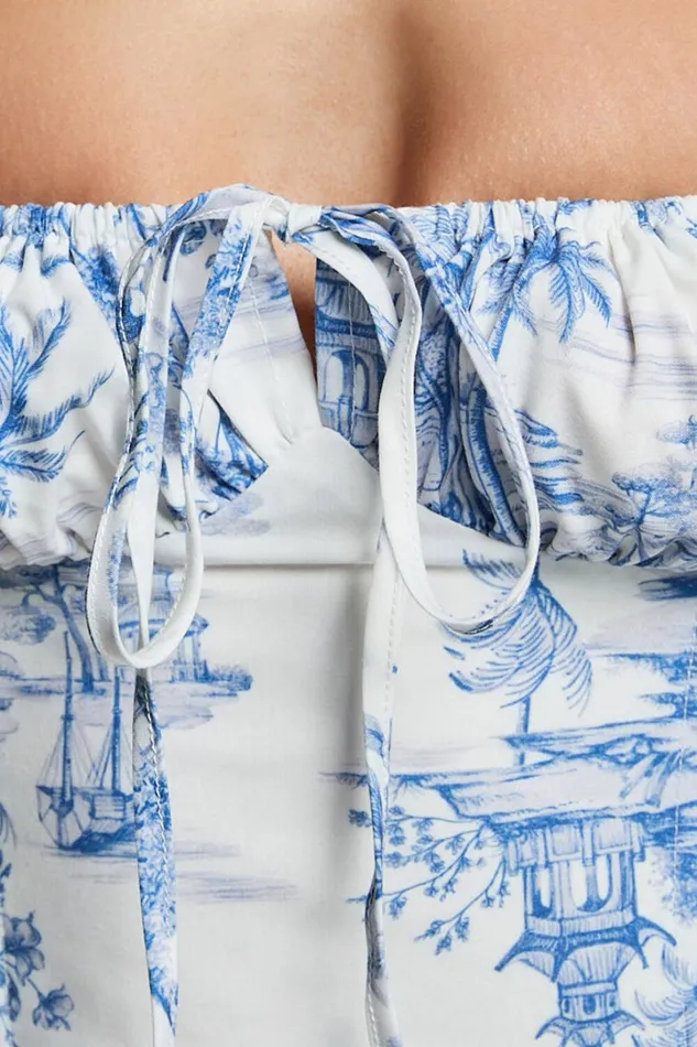 Owen Top 8211 Puff Sleeve Tie Front Corset Detail Top In Toile De Jouy Women Showpo Tops