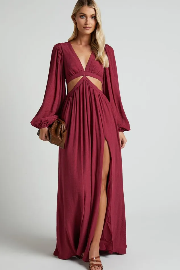 Paige Maxi Dress 8211 Side Cut Out Balloon Sleeve Dress In Mulberry Women Showpo Dresses Paige Maxi Dress 8211 Side Cut Out Balloon Sleeve Dress In Mulberry Women Showpo Dresses