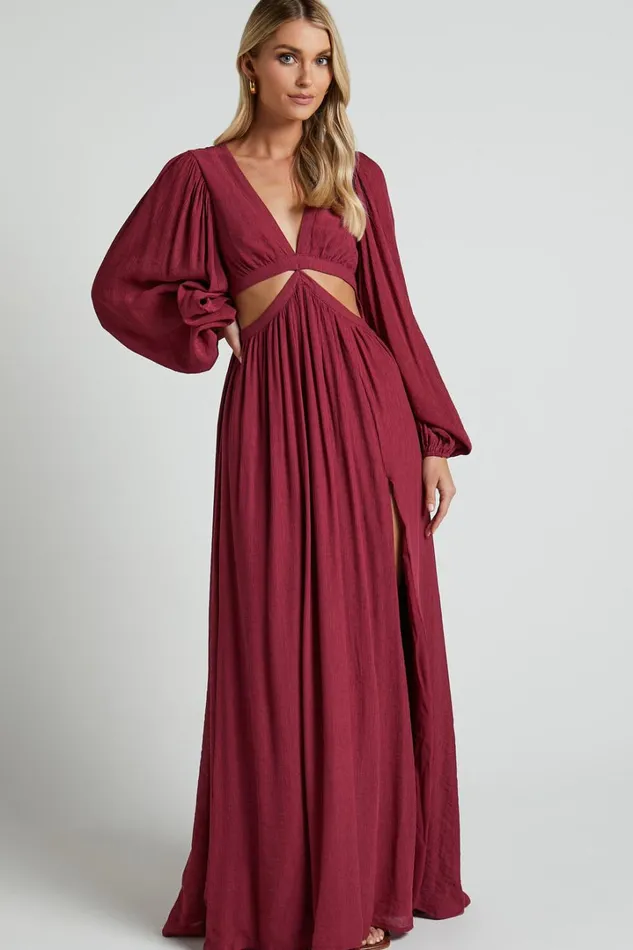 Paige Maxi Dress 8211 Side Cut Out Balloon Sleeve Dress In Mulberry Women Showpo Dresses