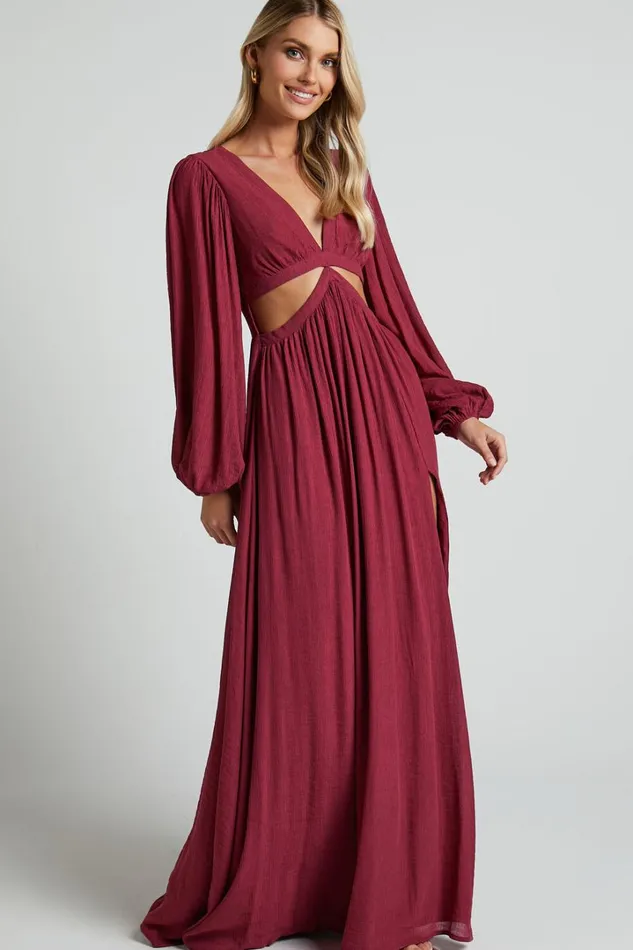 Paige Maxi Dress 8211 Side Cut Out Balloon Sleeve Dress In Mulberry Women Showpo Dresses