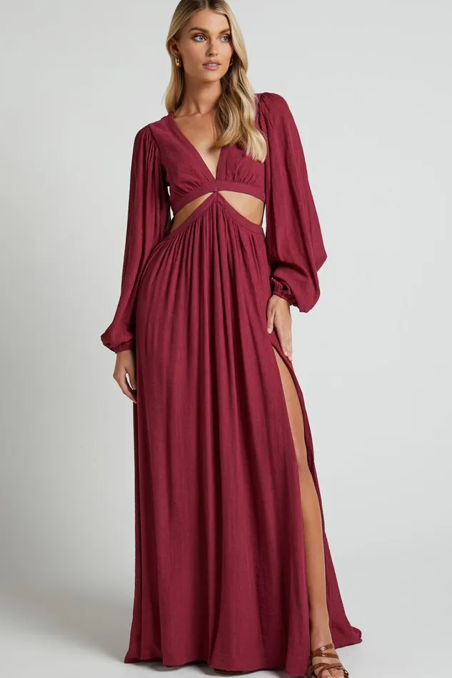 Paige Maxi Dress 8211 Side Cut Out Balloon Sleeve Dress In Mulberry Women Showpo Dresses