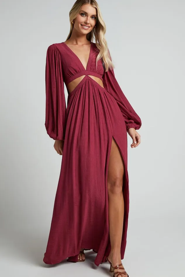 Paige Maxi Dress 8211 Side Cut Out Balloon Sleeve Dress In Mulberry Women Showpo Dresses