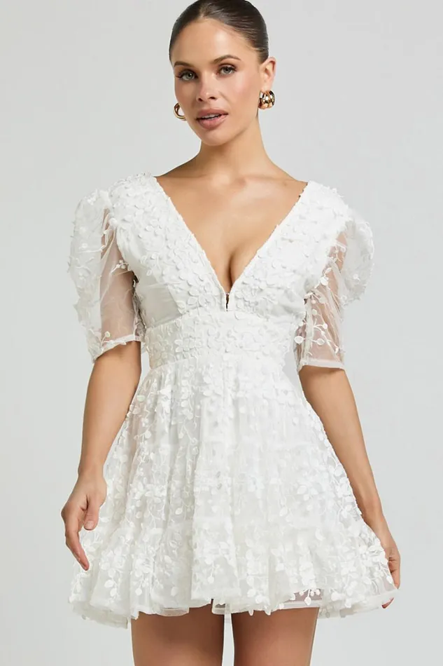 Pamela Mini Dress 8211 Embroidered Plunge Tiered Dress In White Women Showpo Dresses