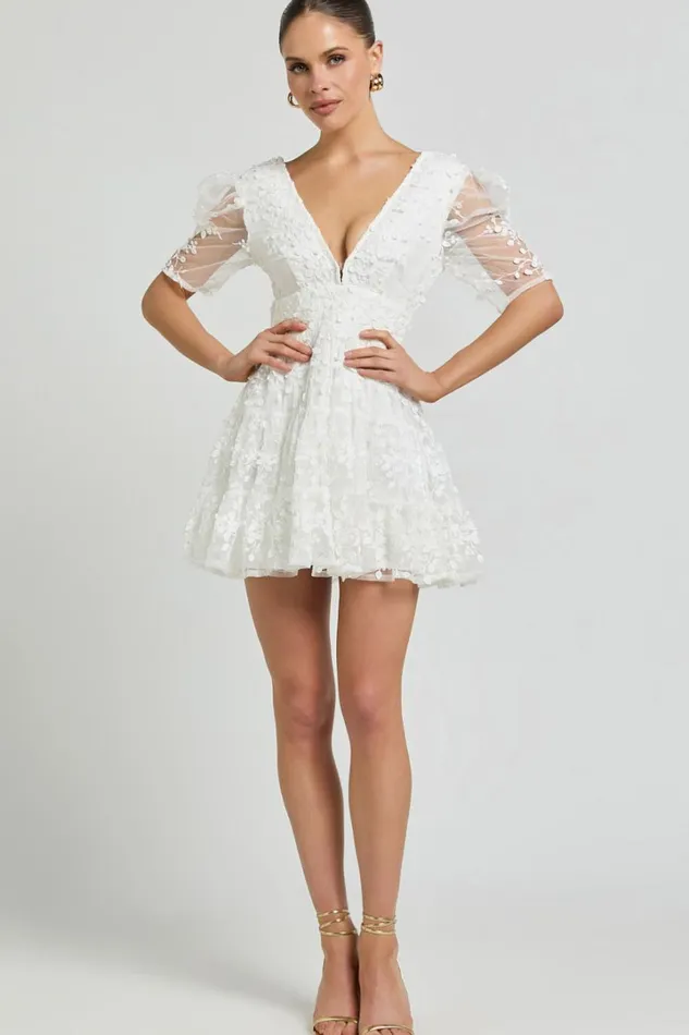 Pamela Mini Dress 8211 Embroidered Plunge Tiered Dress In White Women Showpo Dresses