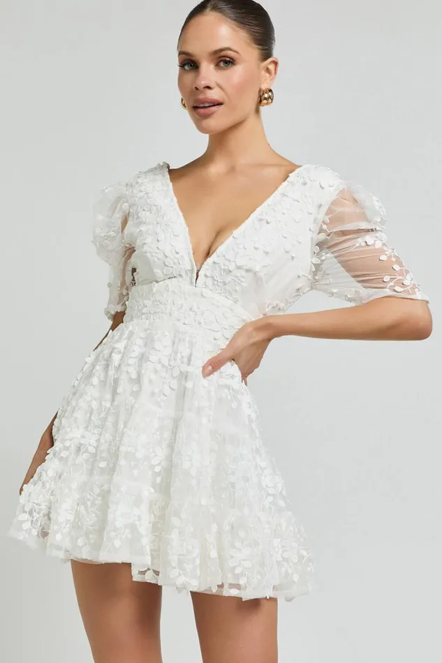 Pamela Mini Dress 8211 Embroidered Plunge Tiered Dress In White Women Showpo Dresses
