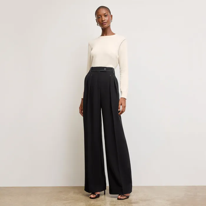 Pants The Bia Pleated Trouser 8211 Everyday Crepe with Topstitch Black With Topstitch 8211 M M LaFleur Women