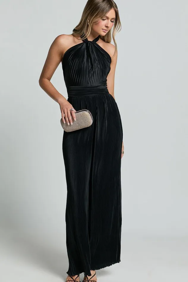 Paris Jumpsuit 8211 Plisse Halter Neck Wide Leg Jumpsuit In Black Women Showpo Jumpsuits