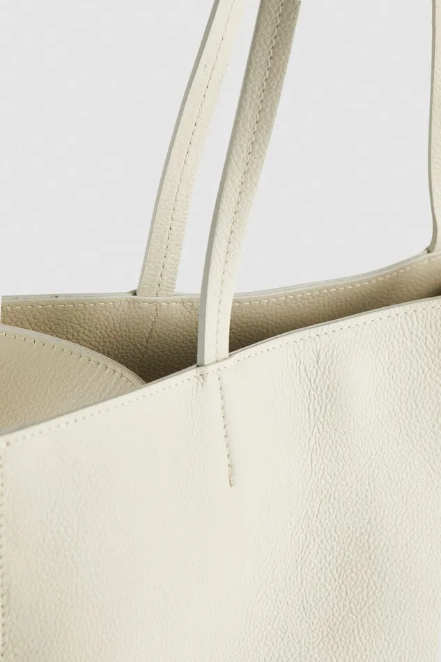 Patrizia Pepe Hammered Leather Shopping Bag Beige Off White Bags Shoppers