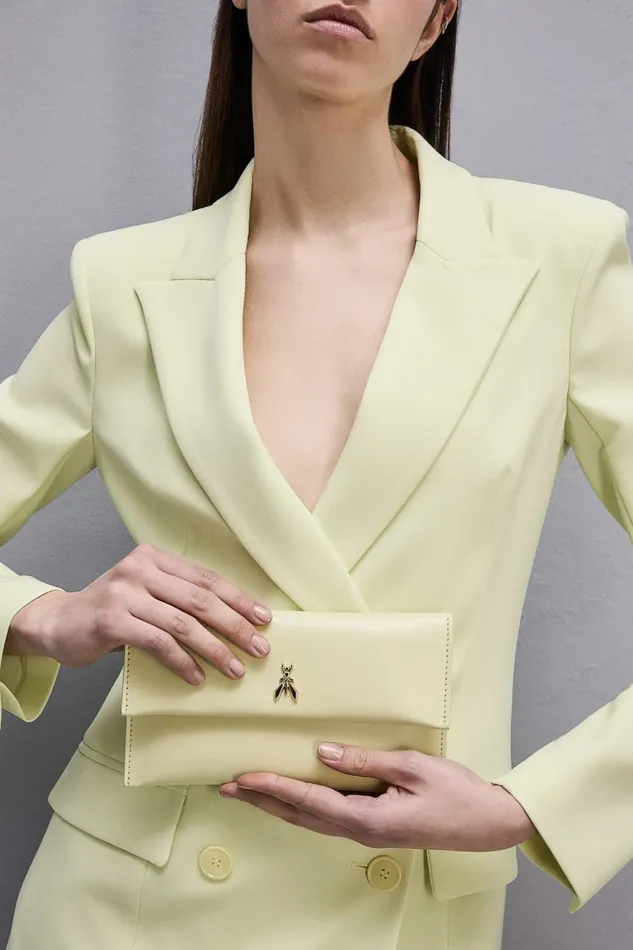 Patrizia Pepe Leather Clutch Bag With Chain Shoulder Strap Yellow Light Sunny Lime Bags Clutches