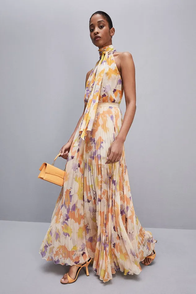 Patrizia Pepe Long Pleated Chiffon Skirt Orangesorbetflower Apparel Long