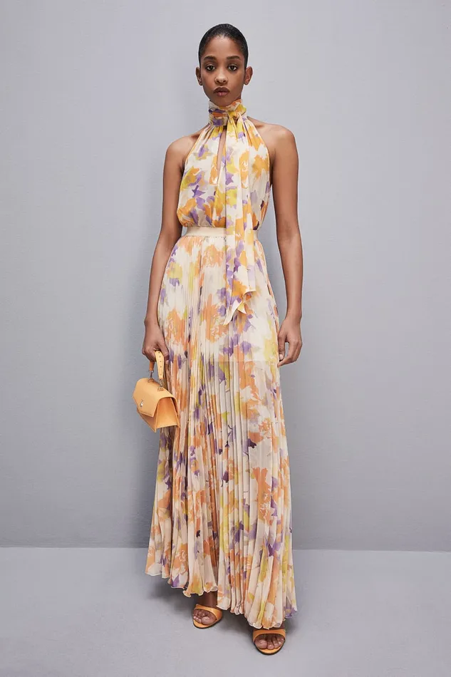 Patrizia Pepe Long Pleated Chiffon Skirt Orangesorbetflower Apparel Long