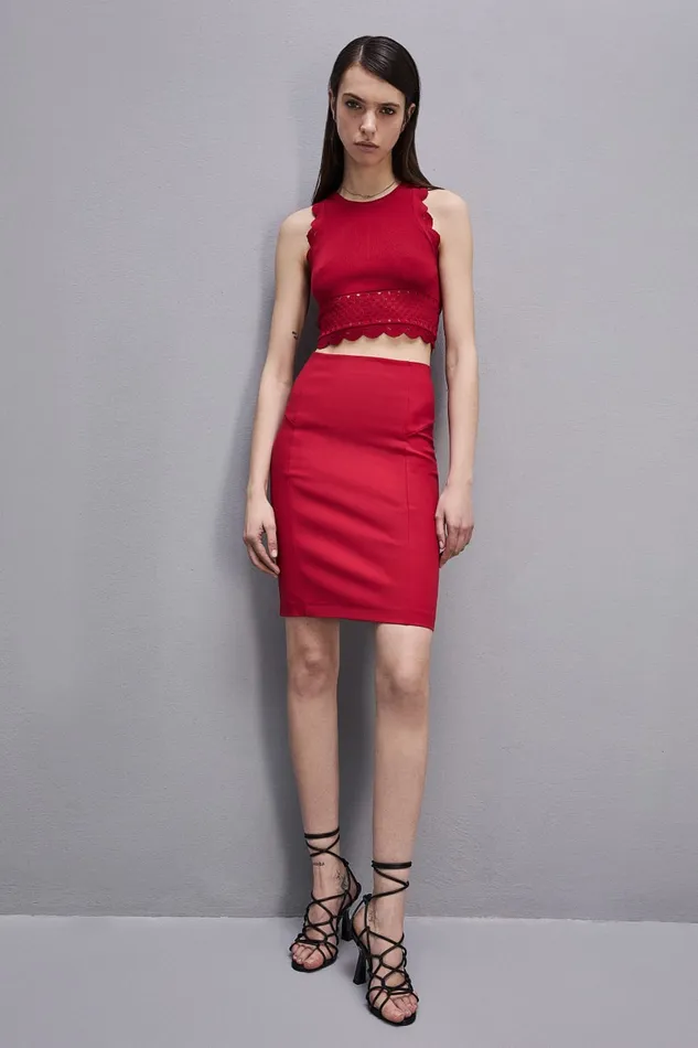 Patrizia Pepe Midi Pencil Skirt Red Red Heart Apparel Midi