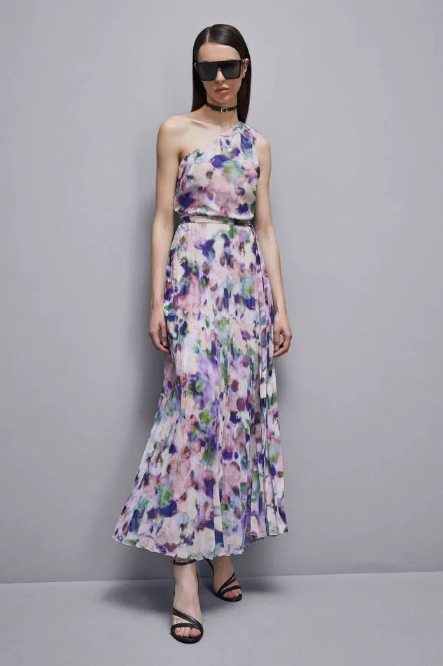 Patrizia Pepe Oneshoulder Pleated Chiffon Dress Pink Multicolor Apparel Long