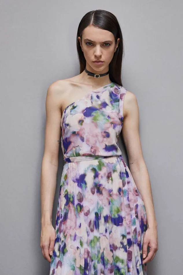 Patrizia Pepe Oneshoulder Pleated Chiffon Dress Pink Multicolor Apparel Long