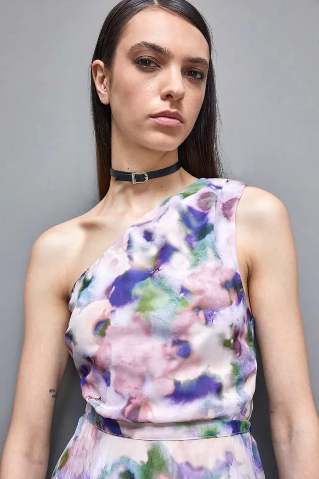 Patrizia Pepe Oneshoulder Pleated Chiffon Dress Pink Multicolor Apparel Long